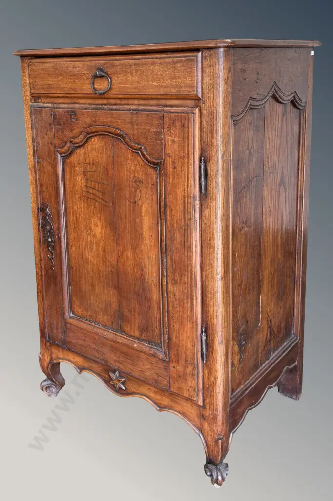 Wooden Cupboard with Single Drawer, Single Panelled Door, Iron Fixtures and Key on Scrolled Feet H120xL76xD58cm Image 1++