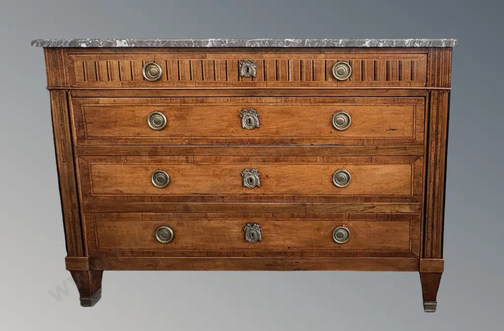 Marble Topped Four Drawer Chest with Ebony and Fruitwood Inlay and Brass Escutcheons L122x89xD53cm Image 1++