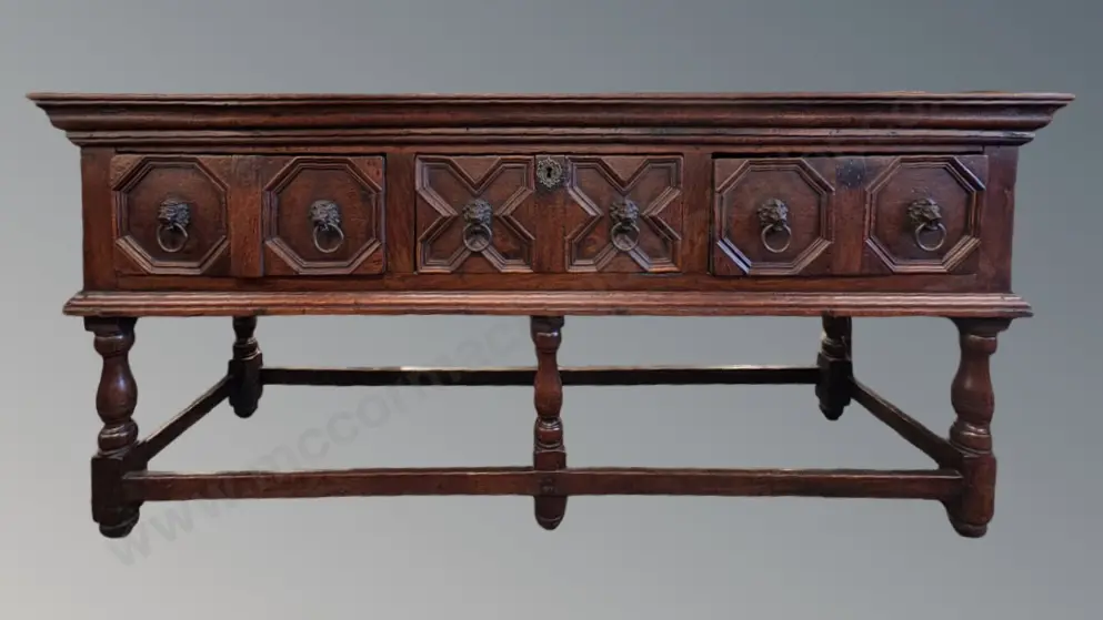 Oak Sideboard Featuring Geometric Paneling and Lion Mask Ring Handles L175xD52xH83cm Image 1++