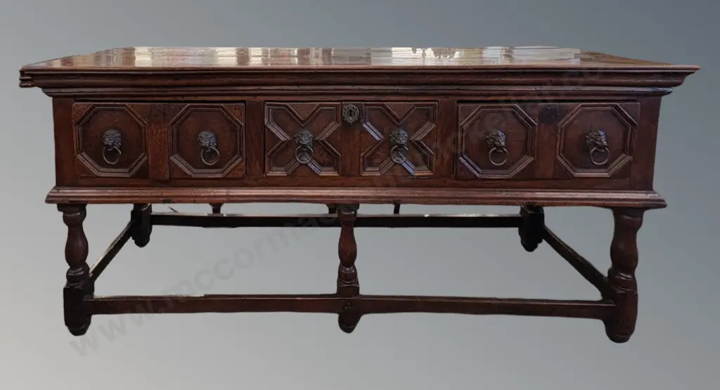 Oak Sideboard Featuring Geometric Paneling and Lion Mask Ring Handles L175xD52xH83cm Image 1++