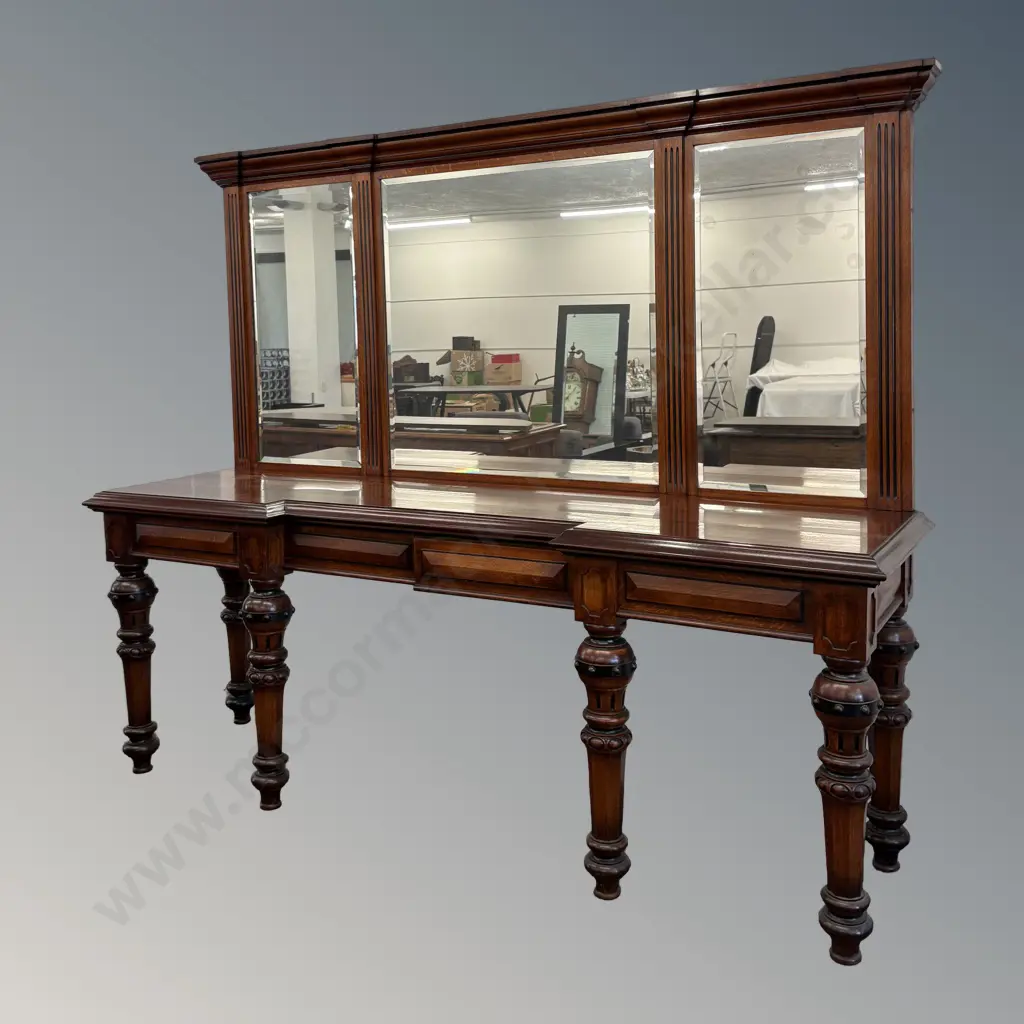 Mahogany Breakfront Console Table with Three Panel Mirrored Back on Bulbous Turned Legs H205xL244xD67cm Image 1++