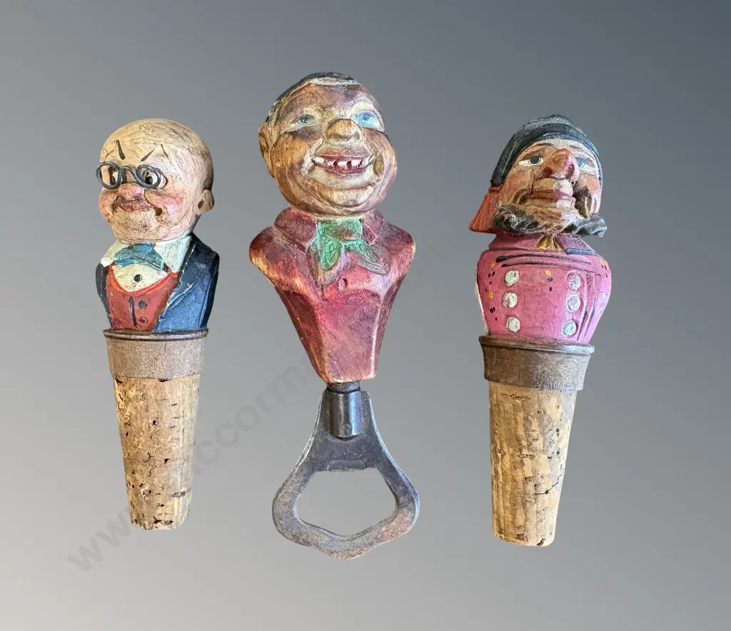 Early Wooden Figural Bottle Opener and 2 Bottle Stoppers Image 1++