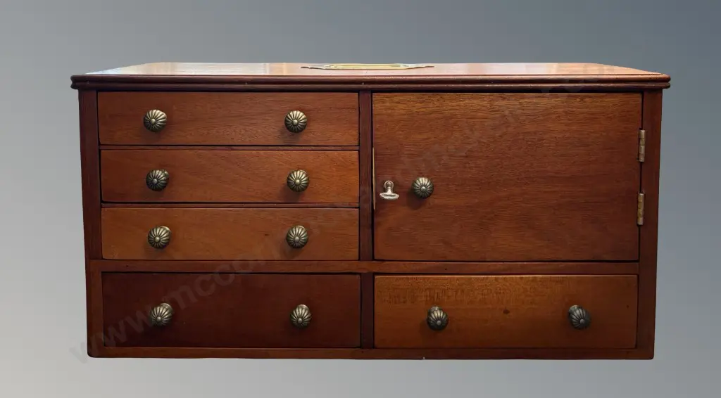 Mahogany Apprentice Specimens Chest with Brass Drawer Pulls and Handle, H24xW47.5xD20cm Image 1++