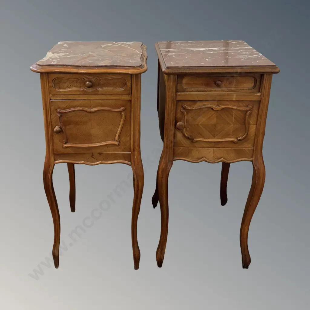 Two Marble Topped Single Drawer, Single Door Cabinets on Cabriole Legs H85xL37xD37cm Image 1++