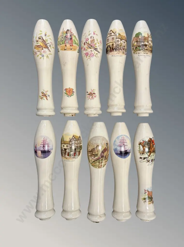 Early Ceramic Beer Pump/Tap Handles with Decorative Transfers, L23cm (10) Image 1++
