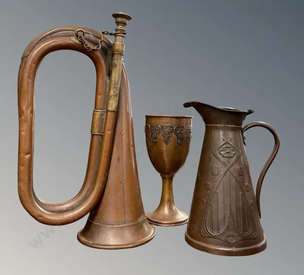Highman Copper & Brass Bugle, Copper Ewer & Goblet Image 1++