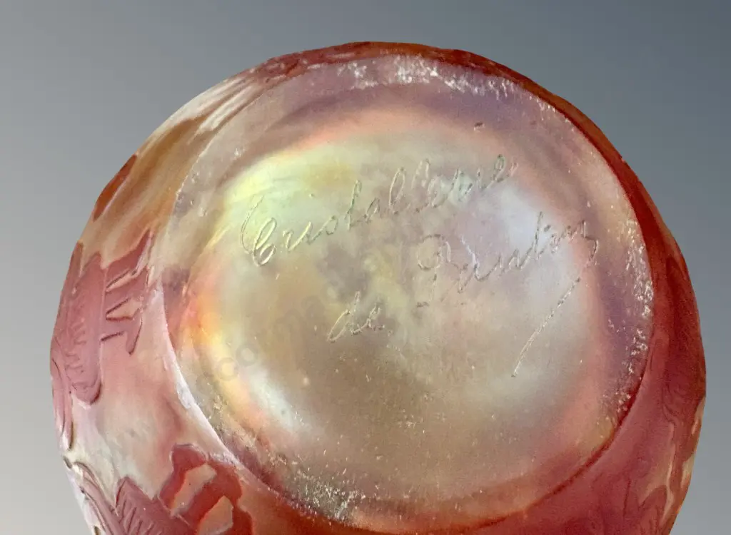 Signed Art Nouveau Cameo Glass Vase Featuring an Acid-Etched Red Floral and Foliage Design H7cm Image 1++