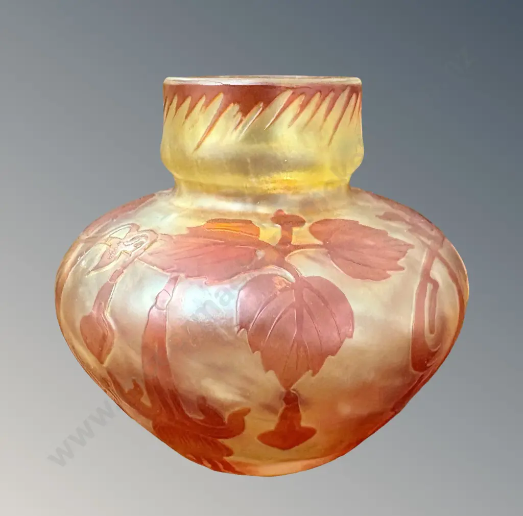 Signed Art Nouveau Cameo Glass Vase Featuring an Acid-Etched Red Floral and Foliage Design H7cm Image 1++