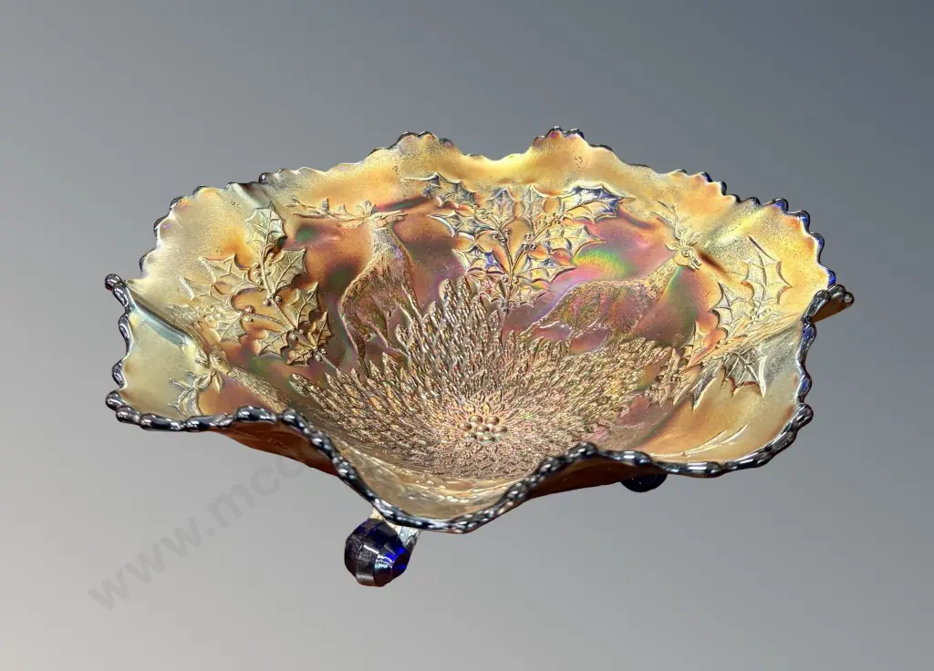 Fenton Carnival Glass Stag and Holly Footed Bowl Image 1++