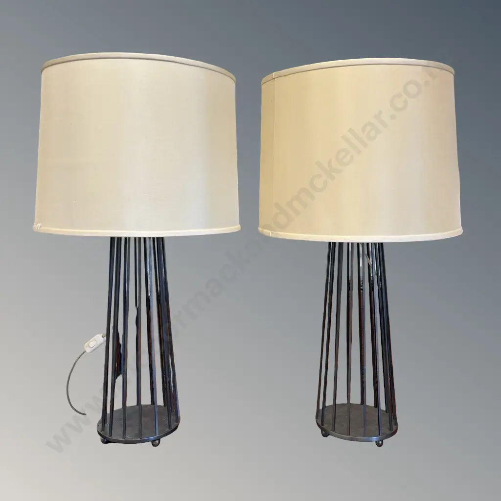 Pair of Vertical Slatted Metal Lamp Bases with Cream Shades H76.5cm Image 1++
