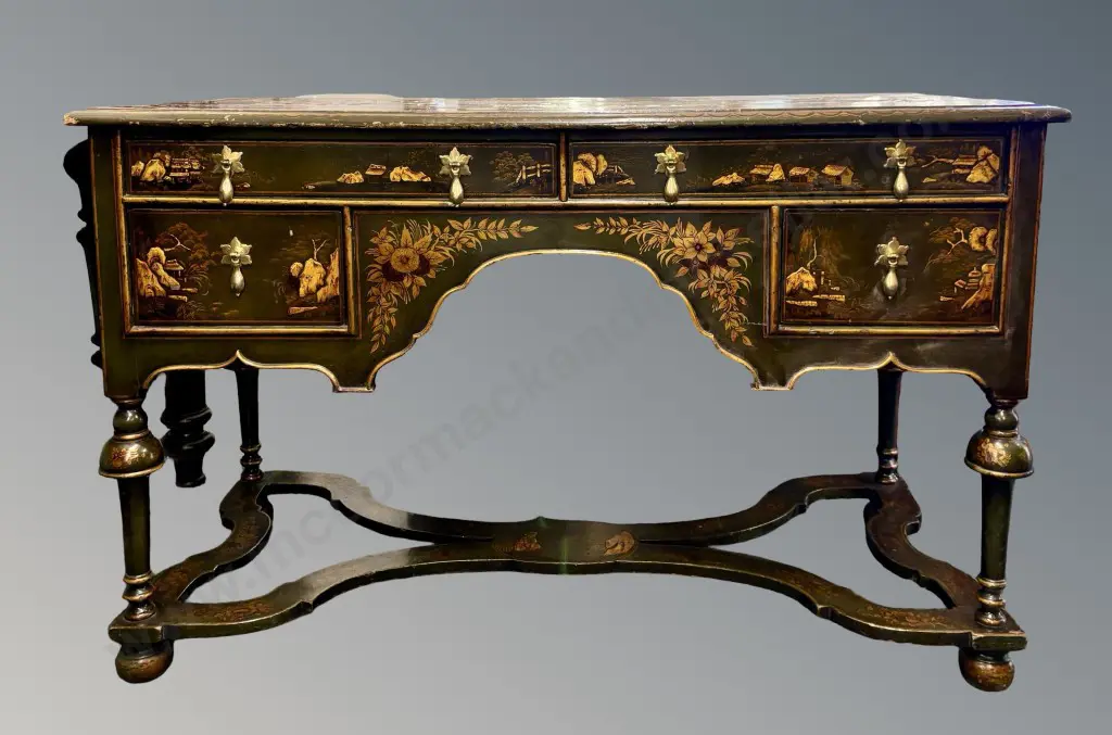 Green and Gilt Painted Chinoiserie Style Four Drawer Writing Desk with Figures and Floral Motifs L122xH76xD56cm Image 1++