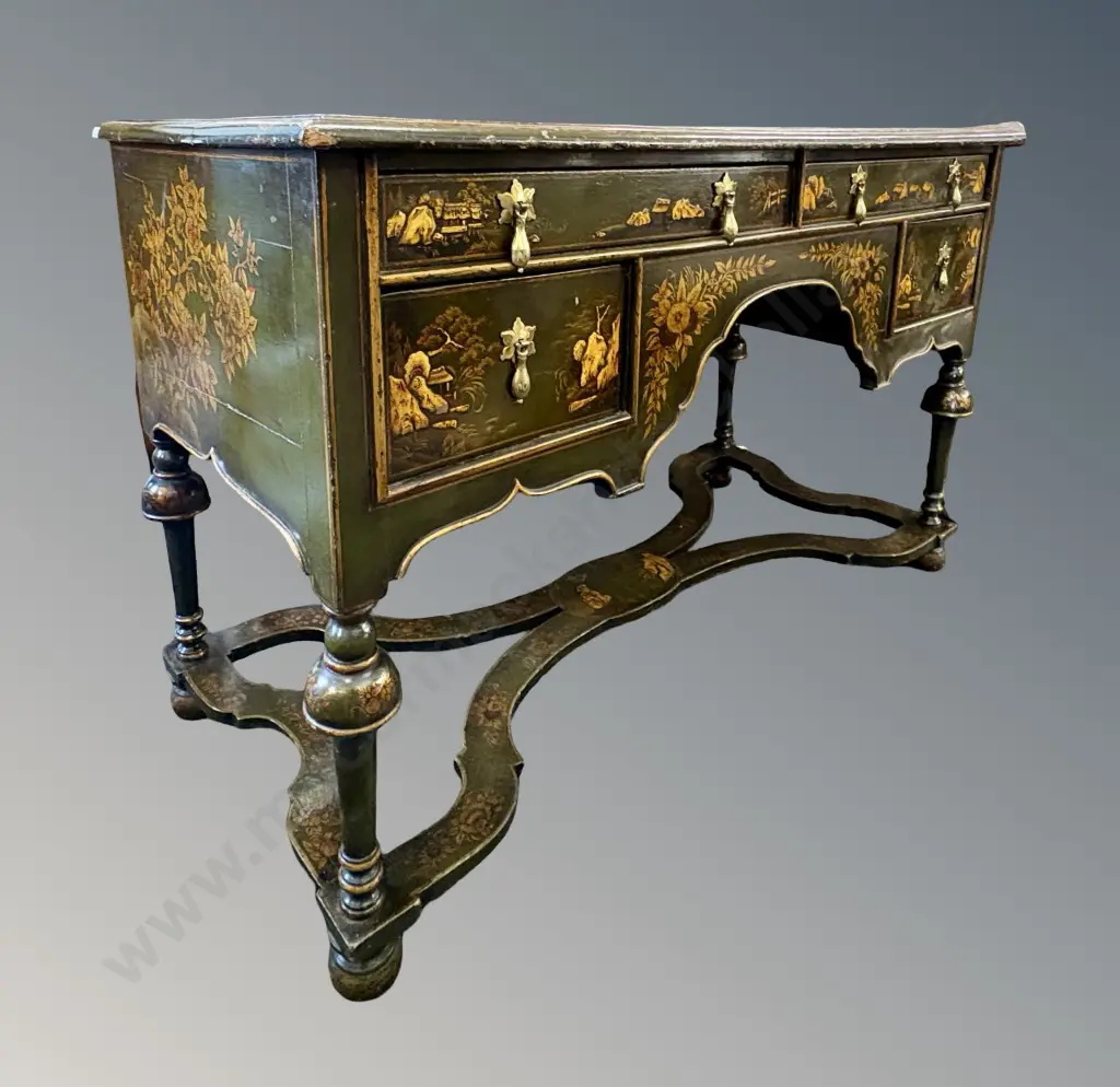 Green and Gilt Painted Chinoiserie Style Four Drawer Writing Desk with Figures and Floral Motifs L122xH76xD56cm Image 1++