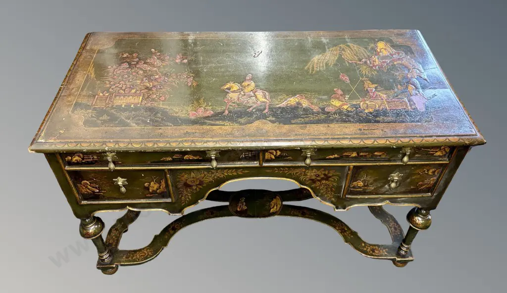 Green and Gilt Painted Chinoiserie Style Four Drawer Writing Desk with Figures and Floral Motifs L122xH76xD56cm Image 1++