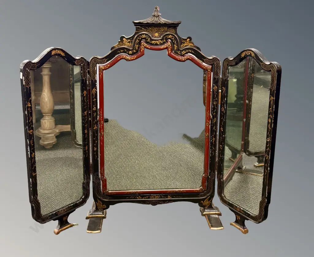 Gilt and Ebony Hand Painted Three-Panel Vanity Mirror depicting Chinese Figures and Floral Motifs H84xL100cm Image 1++