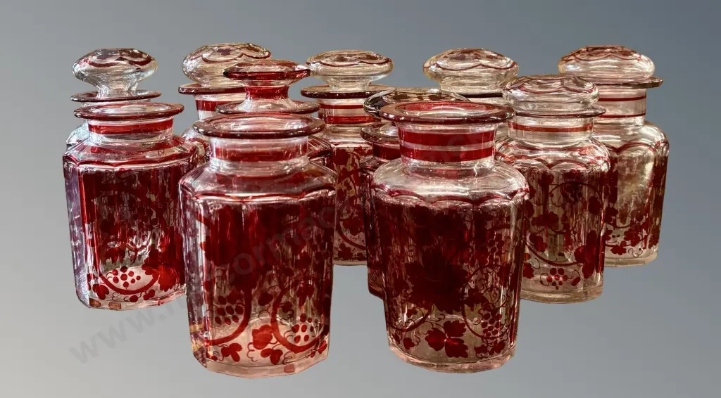 Large Collection of Bohemian Ruby Red Glass Jars with Vine and Grape Design Image 1++
