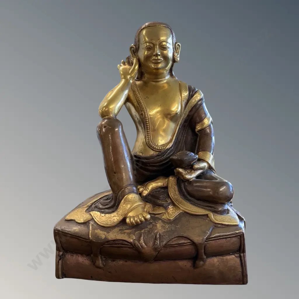 24ct Gilt Bronze - Sculpture Tibetan Yogi Milarepa with His Hand Distinctively Cupped to His Ear H23cm Image 1++