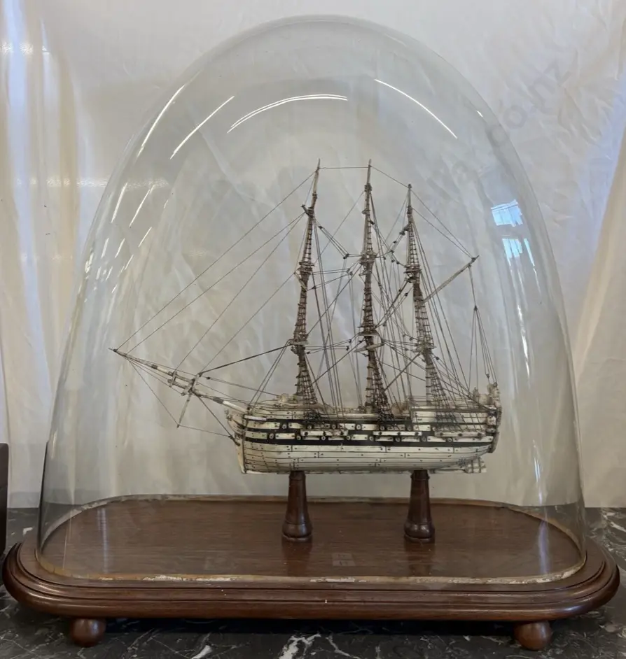 Intricate Bone Ship Model under Large Glass Dome on a Mahogany Stand H60xL58xD23cm Image 1++