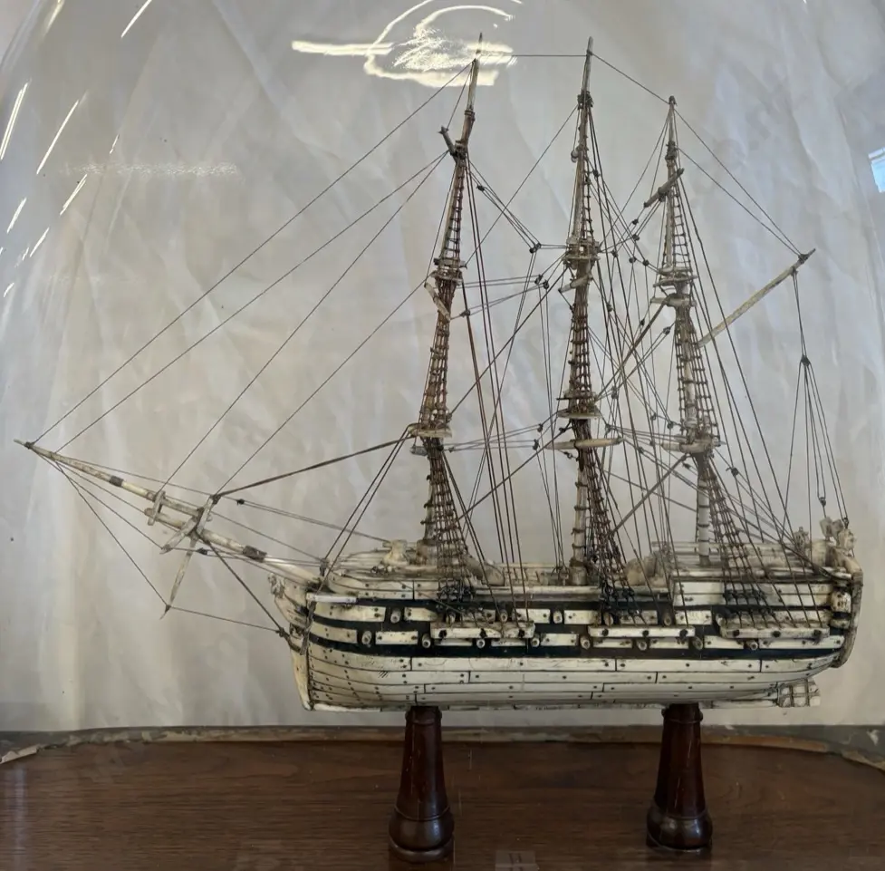 Intricate Bone Ship Model under Large Glass Dome on a Mahogany Stand H60xL58xD23cm Image 1++