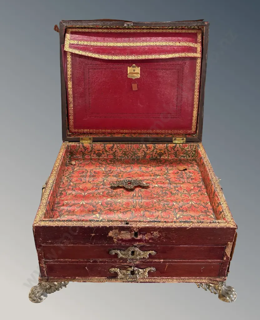 Red Leather Jewellery Box with Ormolu Mounts and Paw Feet H18xL28xD24cm Image 1++