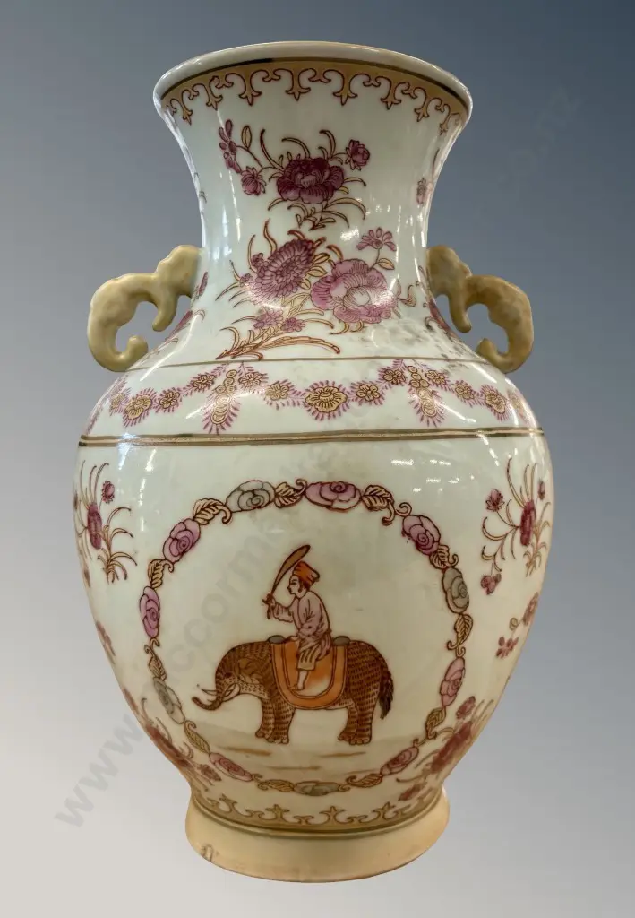 Porcelain Twin Handled Vase with Elephants and Pink Floral Motifs H37cm Image 1++