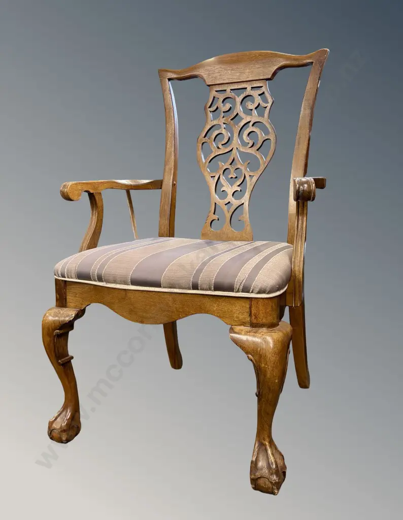 Mahogany Upholstered Elbow Chair with Fretwork Slat Back and Ball and Claw Feet Image 1++