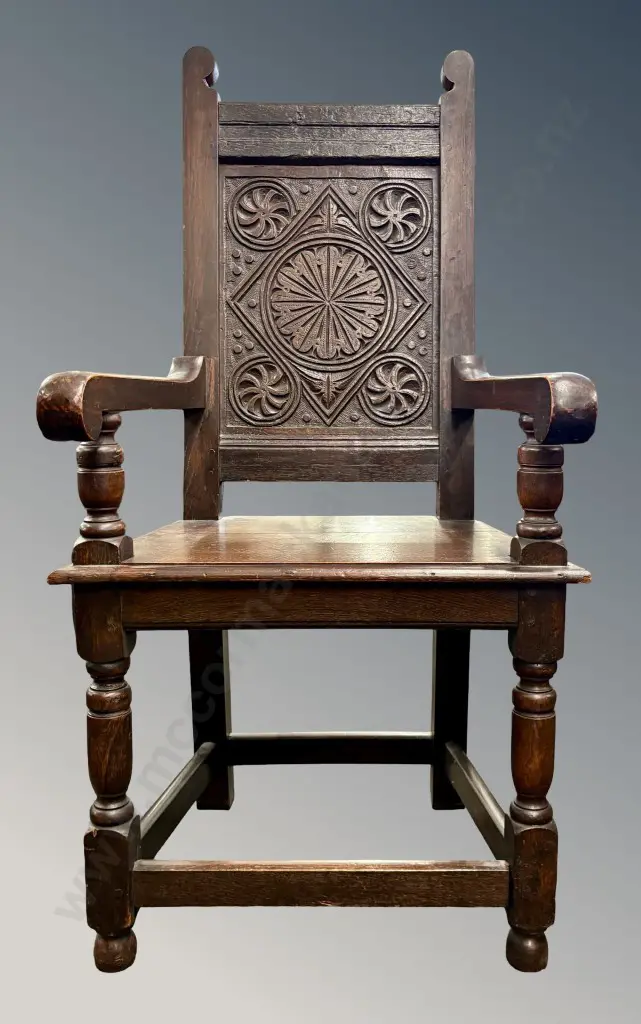 Oak High Backed Hall Chair with Carved Back Panel H113xD40xW56cm Image 1++