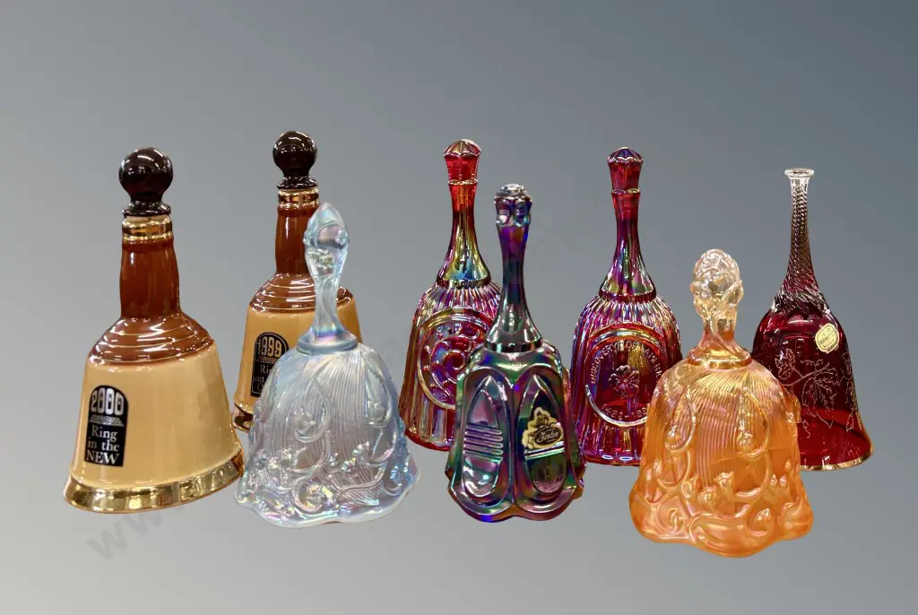 Five Carnival Glass, one Bohemia Glass and Two Whisky Bells Image 1++