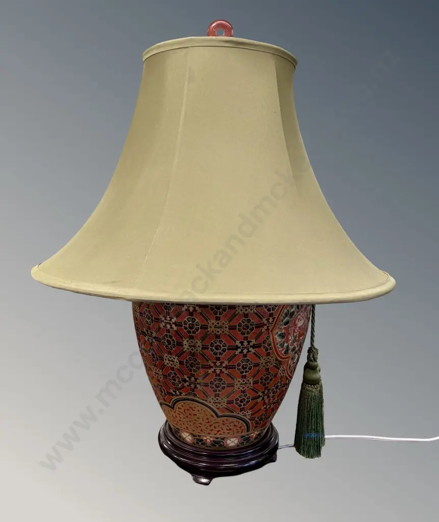 Satsuma Hand-Painted Ceramic Table Lamp on Wooden Base, Geometric and Floral Design, H49cm Image 1++