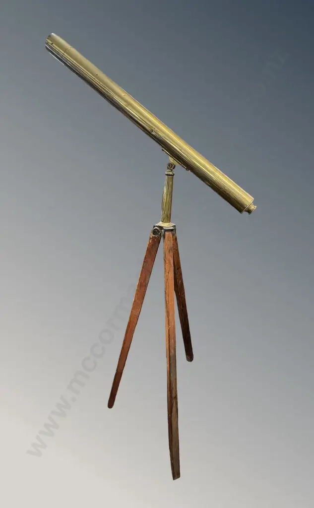 Large Brass Telescope on Wooden Tripod Base Image 1++