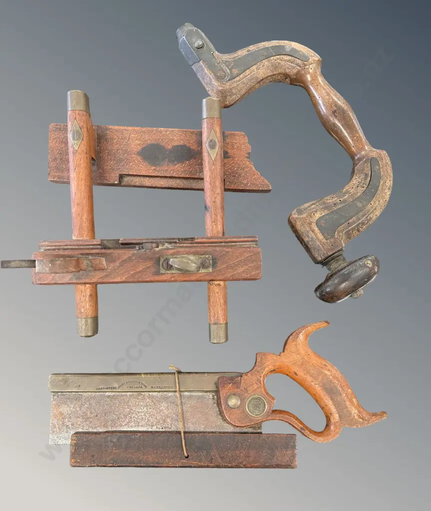 Early Wood and Brass Plow Plane, Henry Disston and Sons Saw and Bit Brace Hand Drill Image 1++