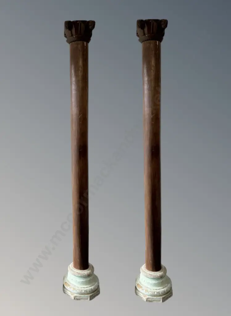 Pair of Large Wooden Columns Set on Distressed Painted Bases with Scrolled Tops H265cm Image 1++