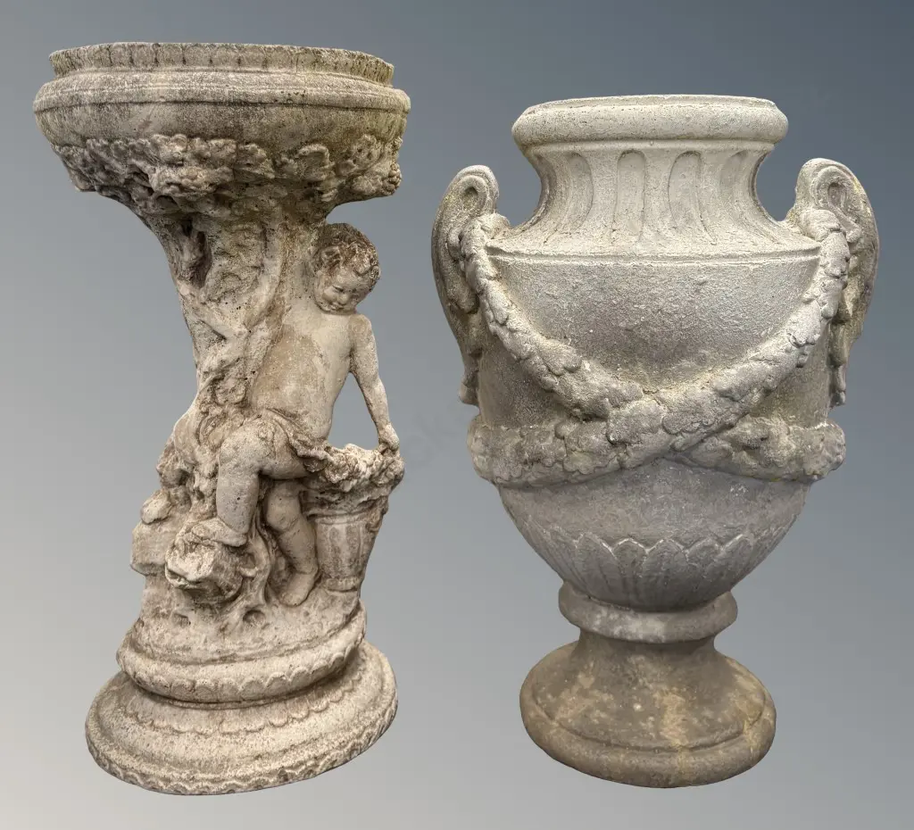Small Concrete Birdbath with Cherub Base AF H51cm & Composite Garden Urn Image 1++