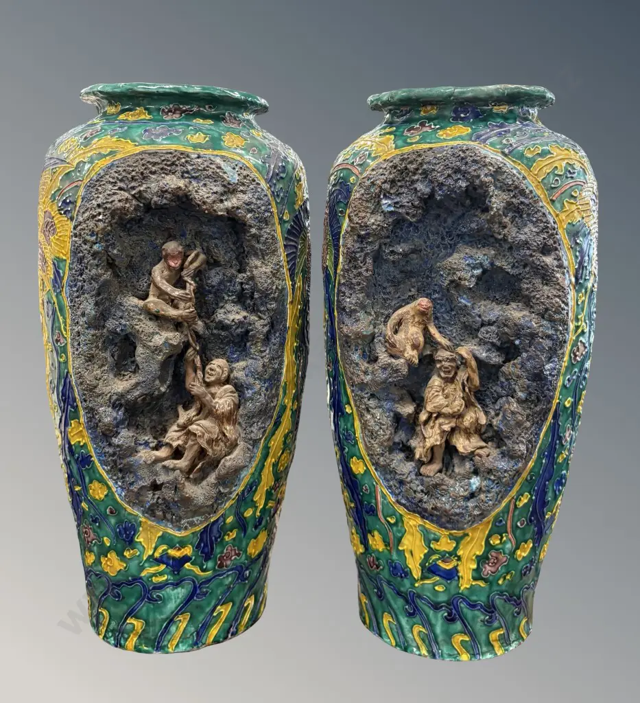 Pair of Moriage Art Pottery Vases with Carved Monkey and Figure Central Area H37cm Image 1++