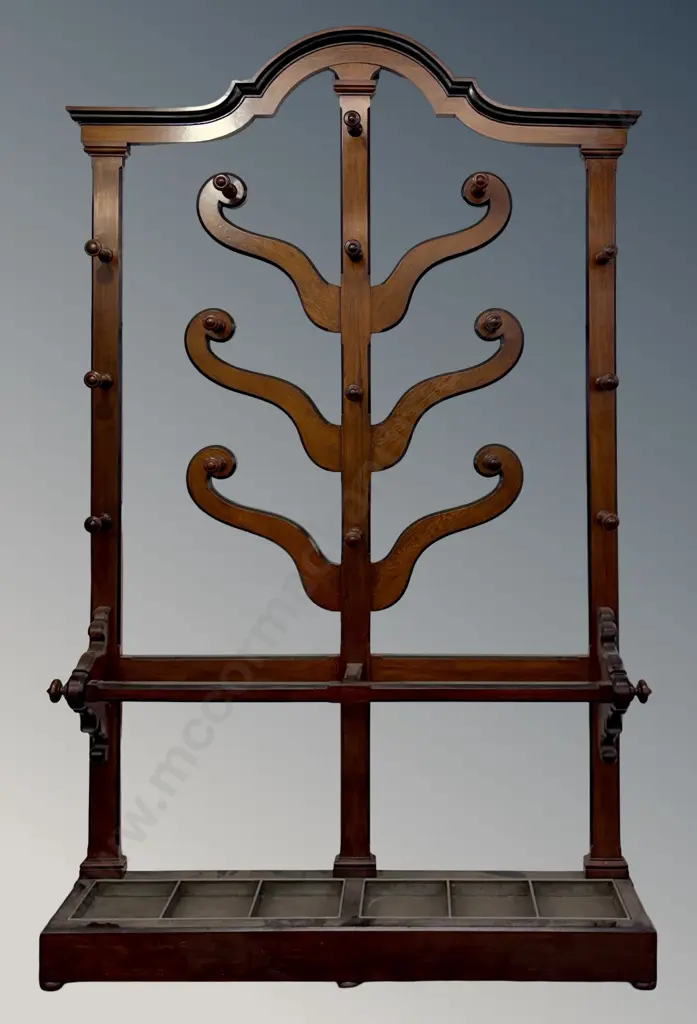 Mahogany with Ebony Detailing Hall Stand with Coat Hooks and Umbrella Drip Trays H250xW154xD32cm Image 1++