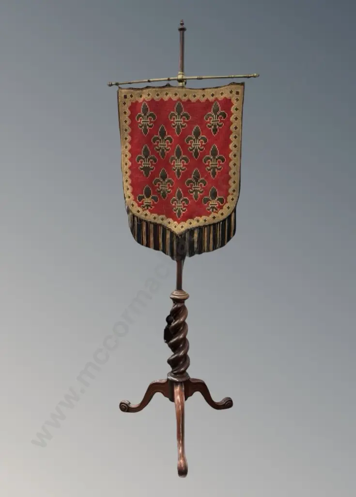 Mahogany and Brass Tapestry Shield Face Screen with Barley Twist Adjustable Column on Three Point Base H146cm Image 1++