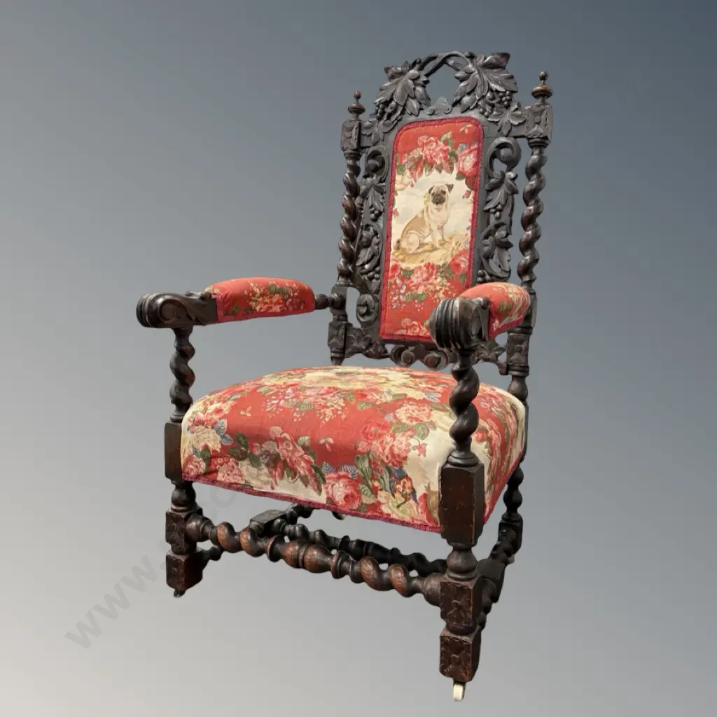 Oak Ornately Carved Grape and Vines Barley Twist Hall Chair upholstered in 'Pugs & Petals' Fabric Image 1++