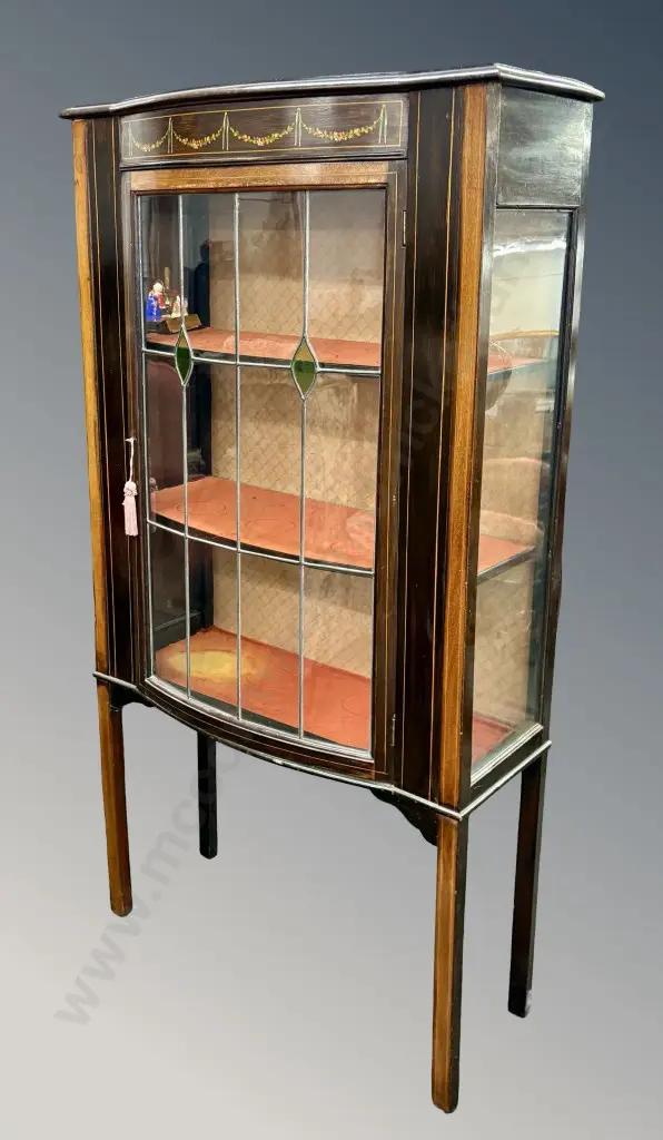 Mahogany Bowfront Display Cabinet with Fruitwood Stringing and Hand Painted Floral Garland and Leadlight Glazed Door Image 1++
