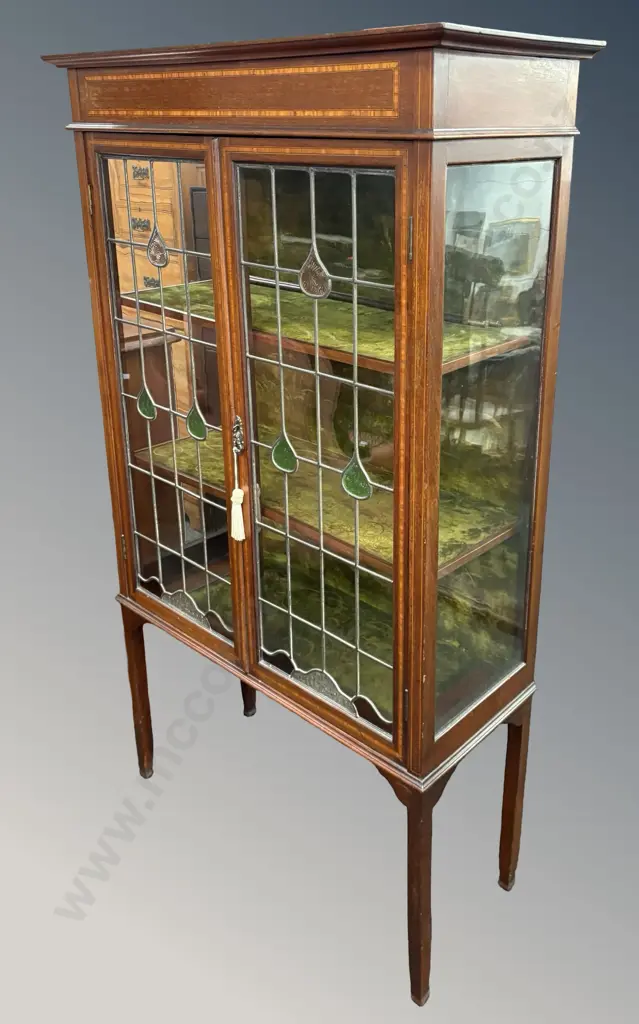 Mahogany with Fruitwood Inlay Display Cabinet with Glazed Leadlight Door and Green Velvet Lined Shelves H150xL89xD36cm Image 1++