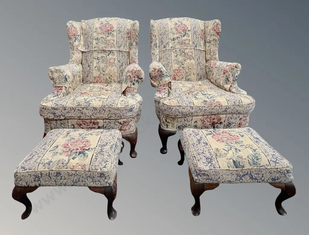 Pair of Floral Upholstered Wingback Armchairs with Matching Footstools Image 1++