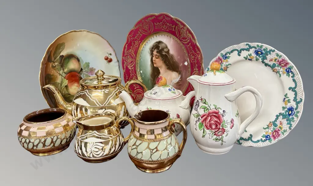 Collection of China including Copeland Marlborough Teapot & Coffee Pot, Gibson Teapot & Creamer (AF) & Three Plates Image 1++