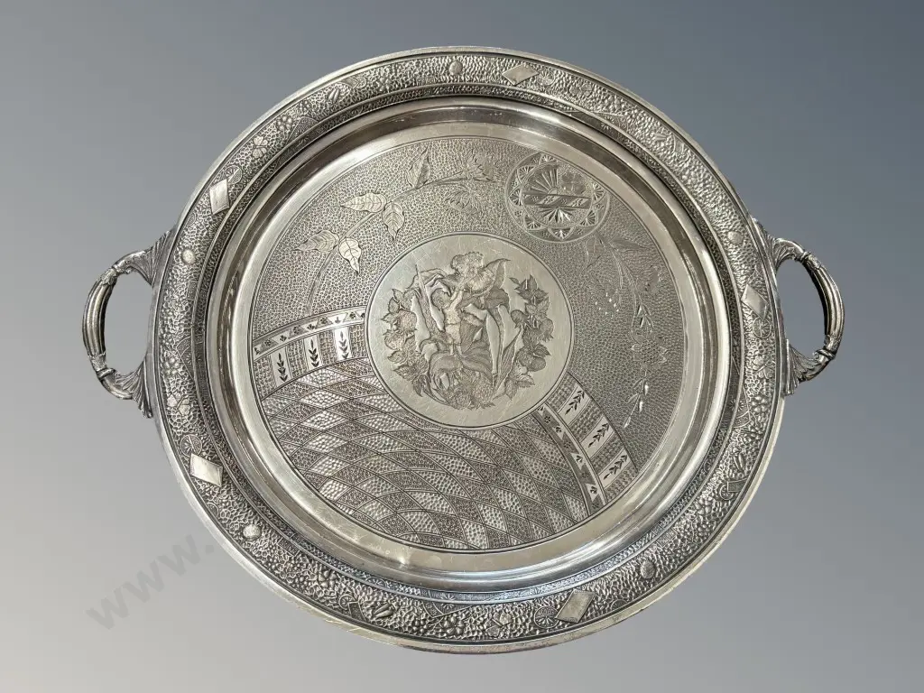 Engraved Silver Two Handled Tray, Depicting Children with Floral Leaf dated 1888 back D38cm Image 1++