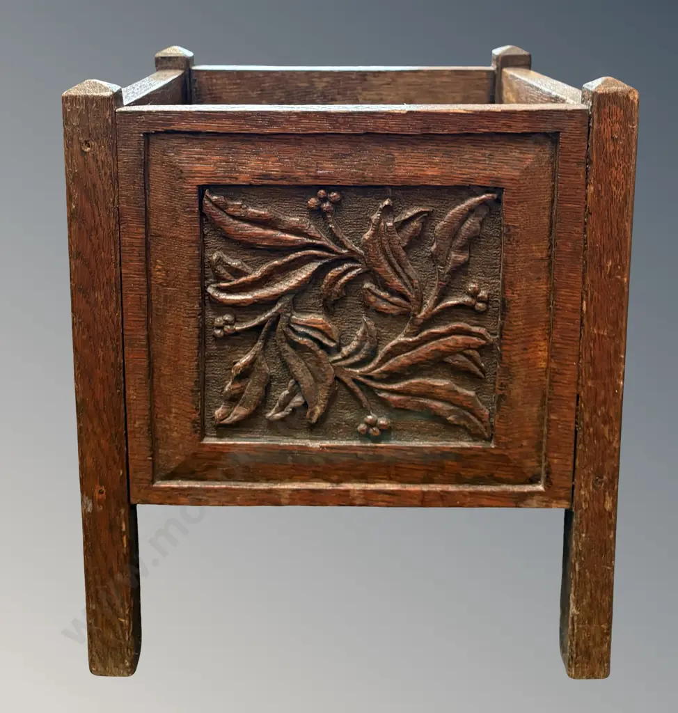 Oak Art Nouveau Plant Stand with Carved Floral Panels H30xD26cm Image 1++