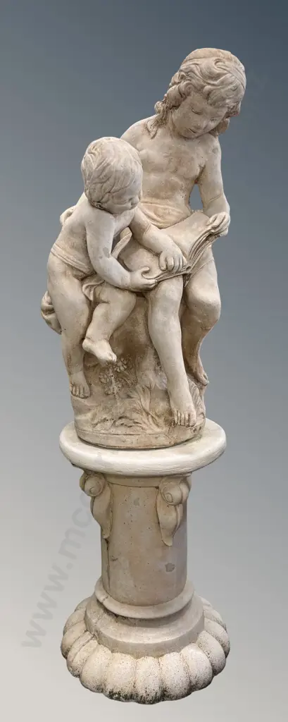 Composite Garden Sculpture - Children Reading a Book on Plinth H93cm Image 1++