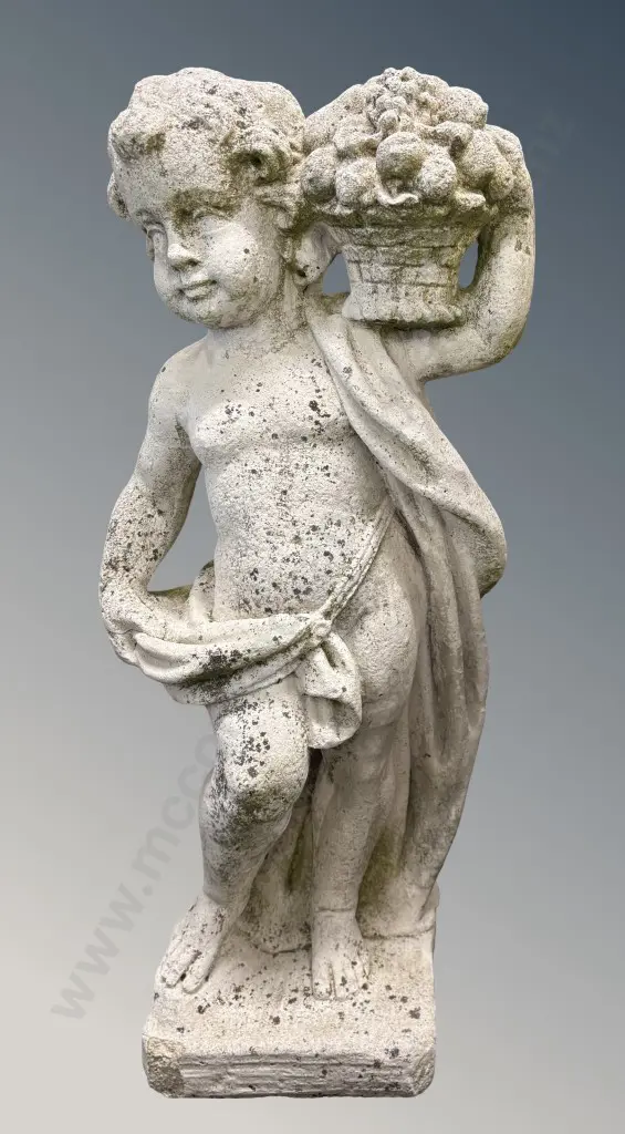 Concrete Outdoor Sculpture of Cherub with Basket of Fruit H81cm Image 1++