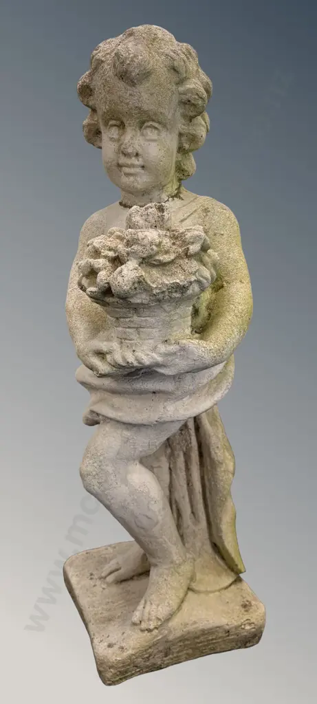 Concrete Outdoor Sculpture of Cherub with Flowers, AF, H81cm Image 1++