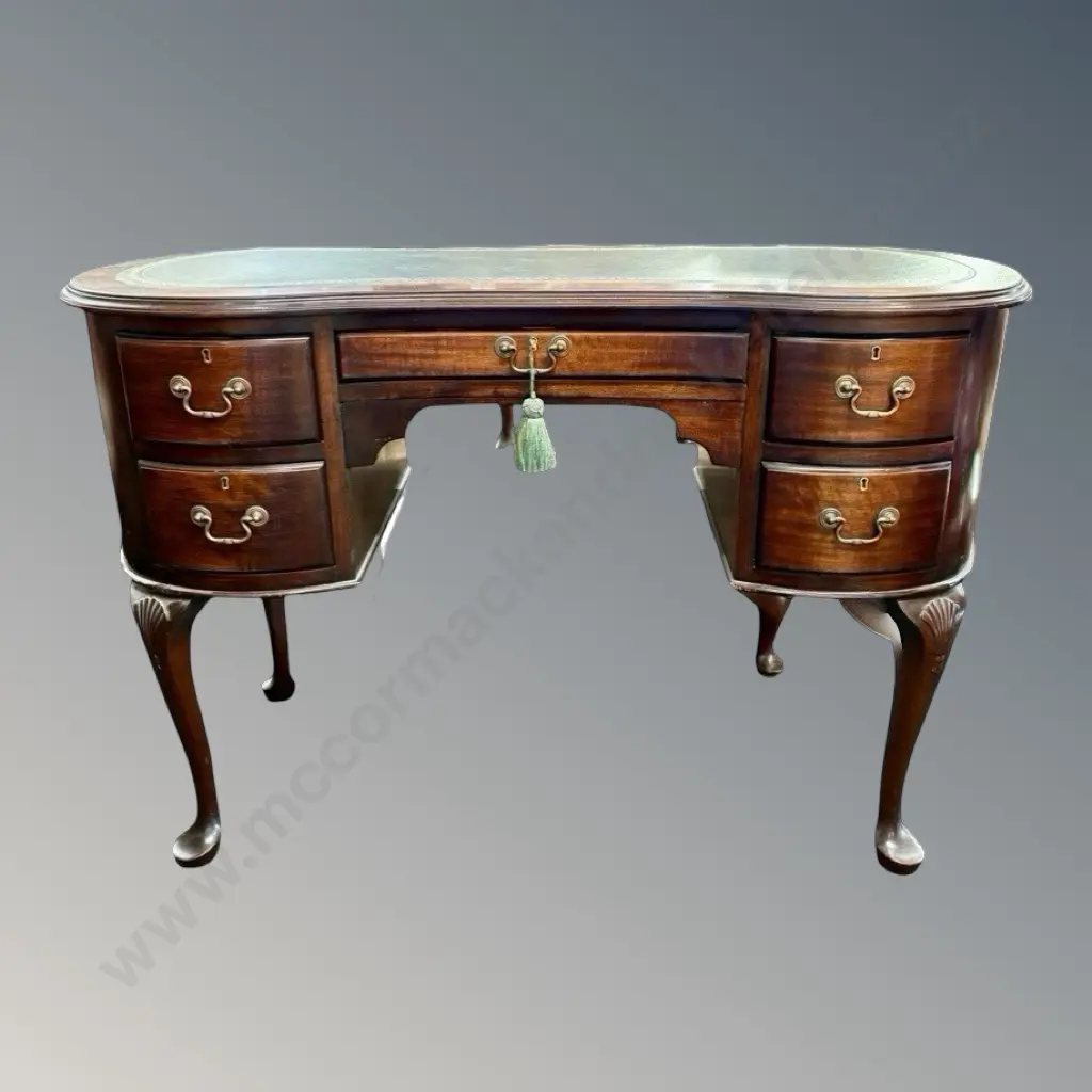 Kidney Shaped Mahogany Desk with Leather-Tooled Top, Five Drawers on Cabriole Legs Image 1++
