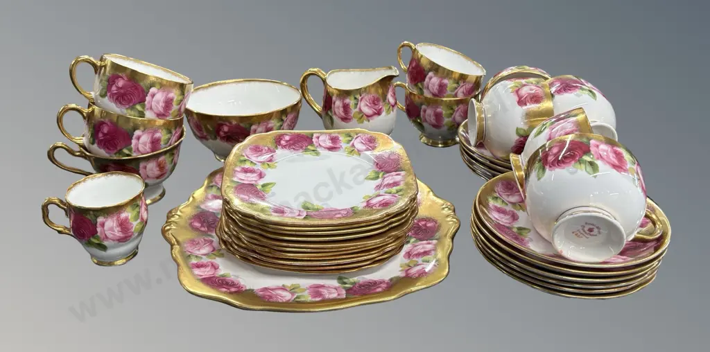 Royal Albert Old English Rose Heavily Gilded Tea Set, 36 pieces with Sandwich Plate, Sugar Bowl & Creamer, Tea Cups & Image 1++