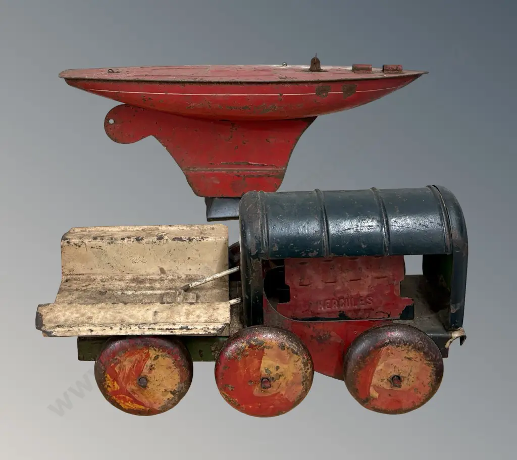 Vintage Hercules Steel Products Toy Tractor, L29cm and Early Tin Hull, L36cm Image 1++