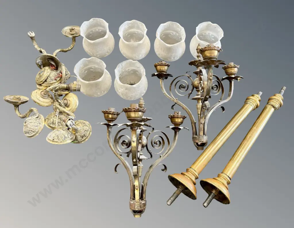 Pair of Brass Three Branch Wall Sconces with Glass Shades, along with extra Brass Fittings and Fixtures Image 1++