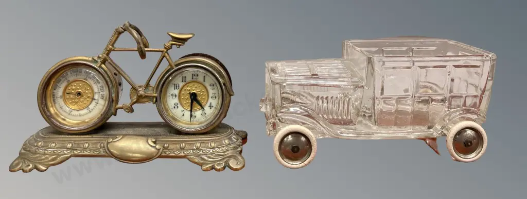German Glass Truck and Brass Bike Desk Clock and Barometer Image 1++